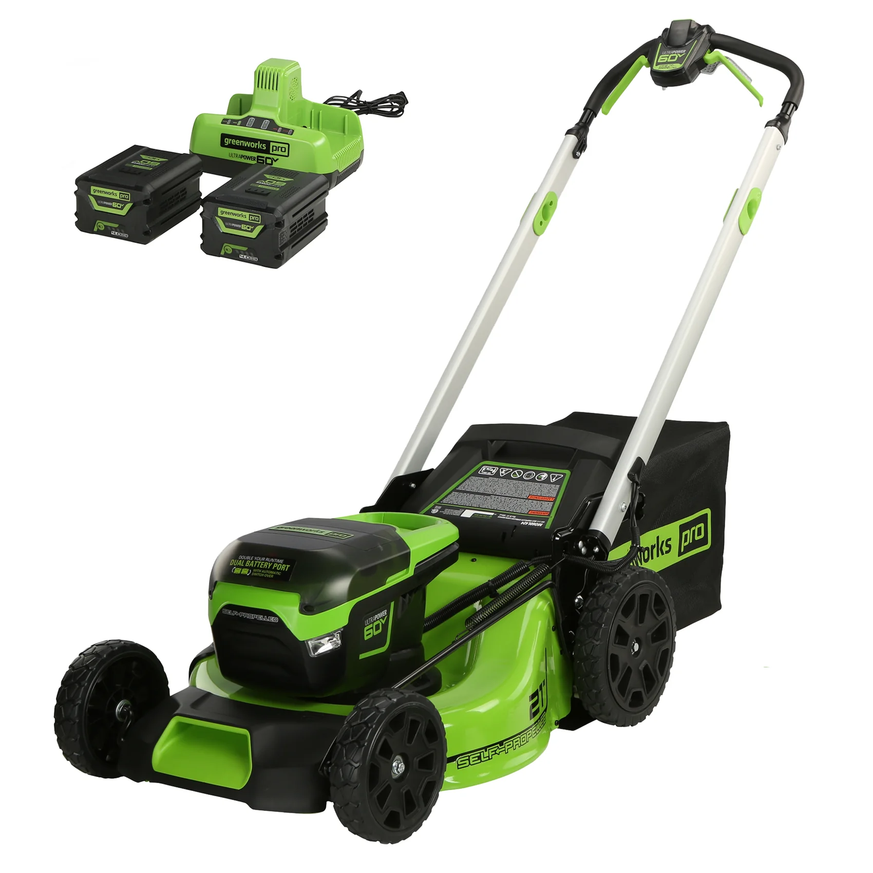 0841821021085 Greenworks 60V 21 in. Cordless Brushless Self-Propelled Lawn Mower Kit with Two 4.0Ah Batteries & Dual-Port Charger – 4-in-1, LED - Image 1