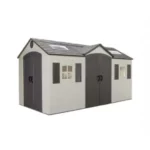 Lifetime 15 ft. x 8 ft. Dual-Entry Resin Storage Shed with Floor – 749 cu. ft. HDPE Shed with 8 Skylights & Shelving, Desert Sand (60079)
