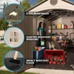 Lifetime 15 ft. x 8 ft. Dual-Entry Resin Storage Shed with Floor – 749 cu. ft. HDPE Shed with 8 Skylights & Shelving, Desert Sand (60079) - Image 4