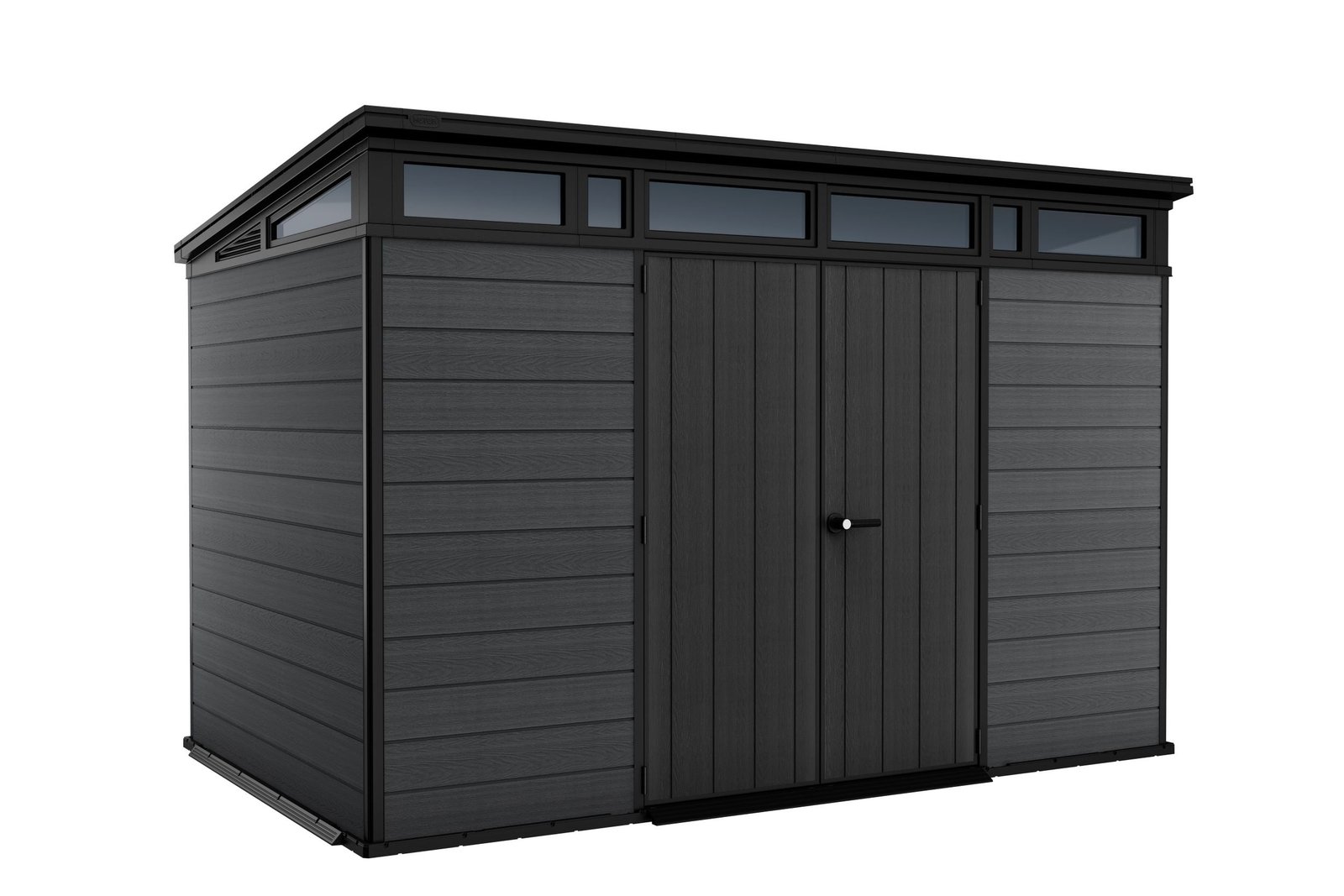 Keter-Cortina-11x7-ft-Durable-Resin-Outdoor-Storage-Shed-With-Heavy-Duty-Floor-and-Locking-Door-Grey_69f2ed24-205d-4155-b8ff-9f139e57fff8.d9ca8f4000838c984f3bf43b79b435a7.jpeg Keter Cortina 11 x 7 ft Resin Outdoor Storage Shed with Pent Roof, Graphite - Image 1