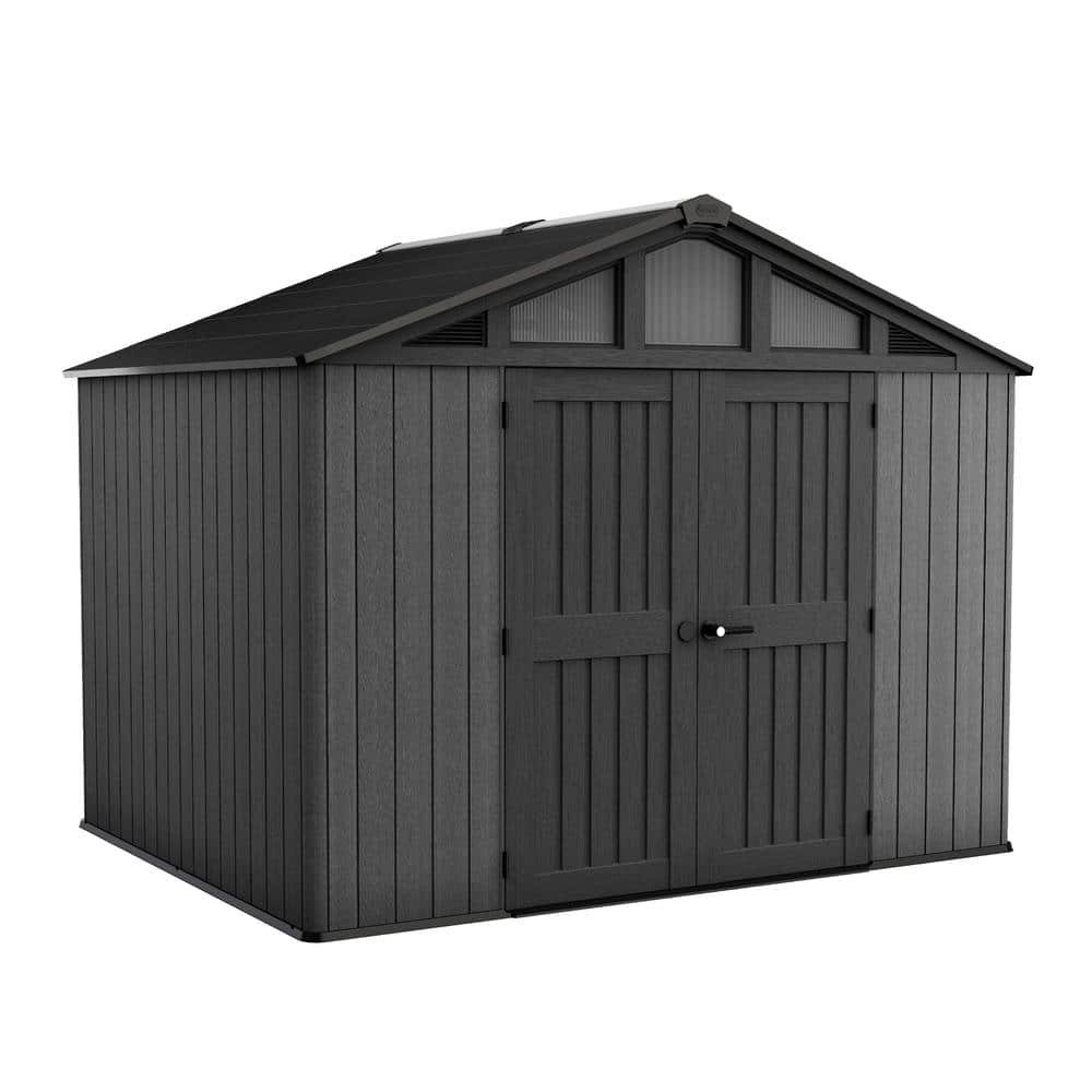 gray-keter-resin-sheds-259302-64_1000.jpg Keter Stronghold 10 ft. x 8 ft. Resin Outdoor Storage Shed with Floor Kit – 476 cu. ft. Steel-Reinforced Gable Shed, Graphite - Image 1